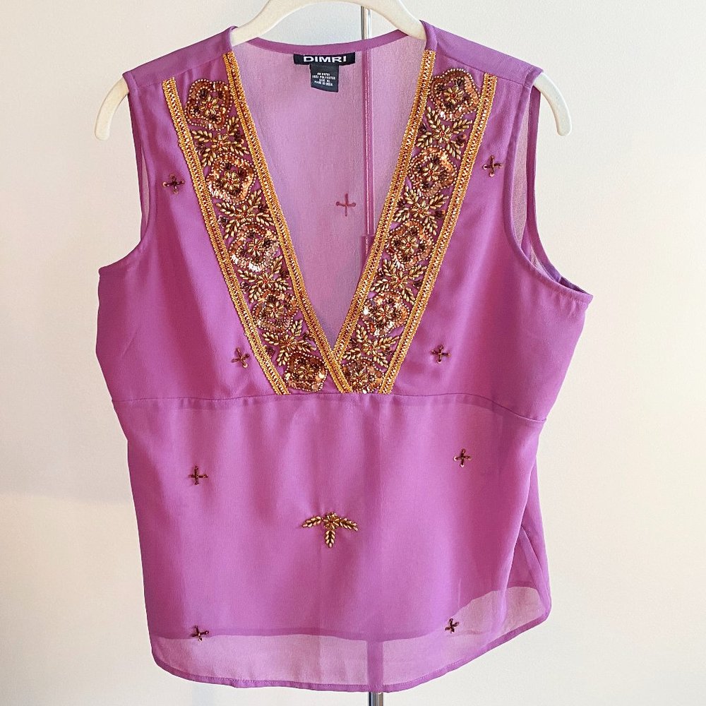 Purple and Gold V-Neck Beaded Sleeveless Blouse, Perfect Condition